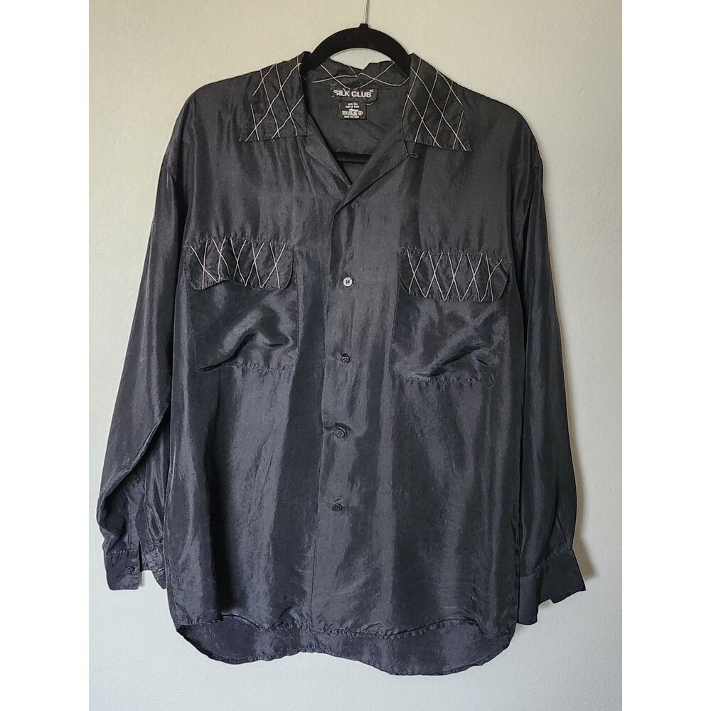 Vintage Silk Club Mens S Black 100% Silk Long Sleeve Button Up Shirt
